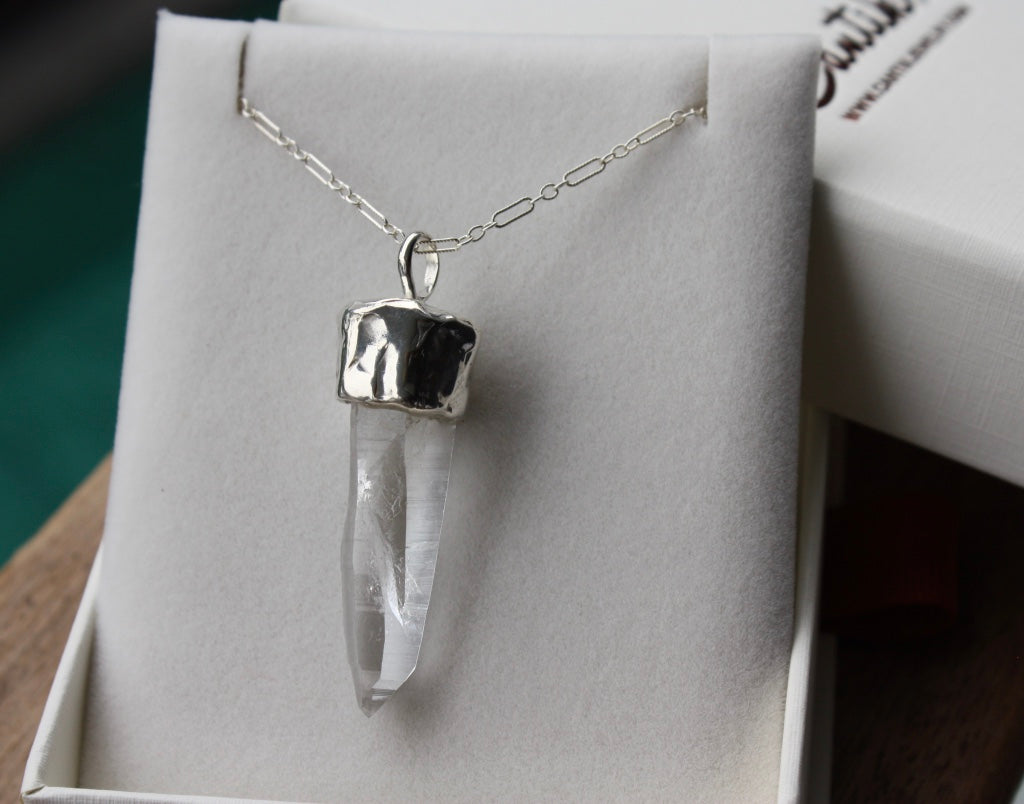 Raw Colombian Rock Crystal And Sterling Silver Pendant, Sterling Silver Chain