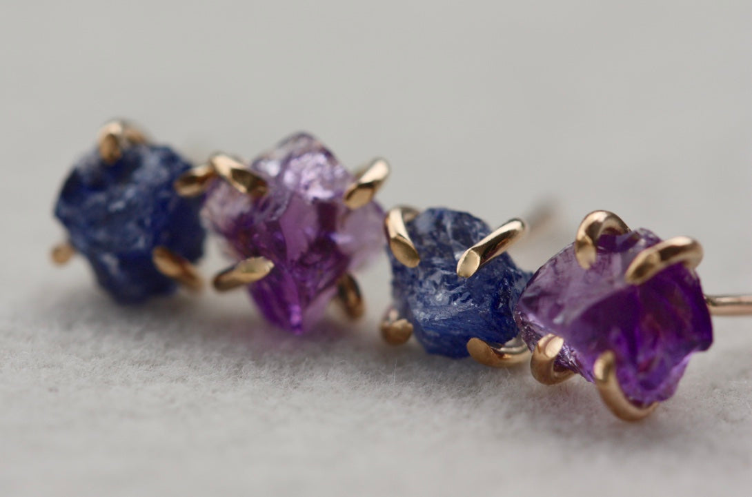 Raw Blue Sapphire Stud Earrings, 14k Gold Filled
