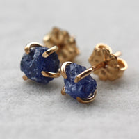 Raw Blue Sapphire Stud Earrings, 14k Gold Filled