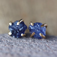 Raw Blue Sapphire Stud Earrings, 14k Gold Filled
