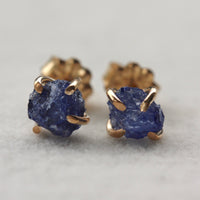 Raw Blue Sapphire Stud Earrings, 14k Gold Filled