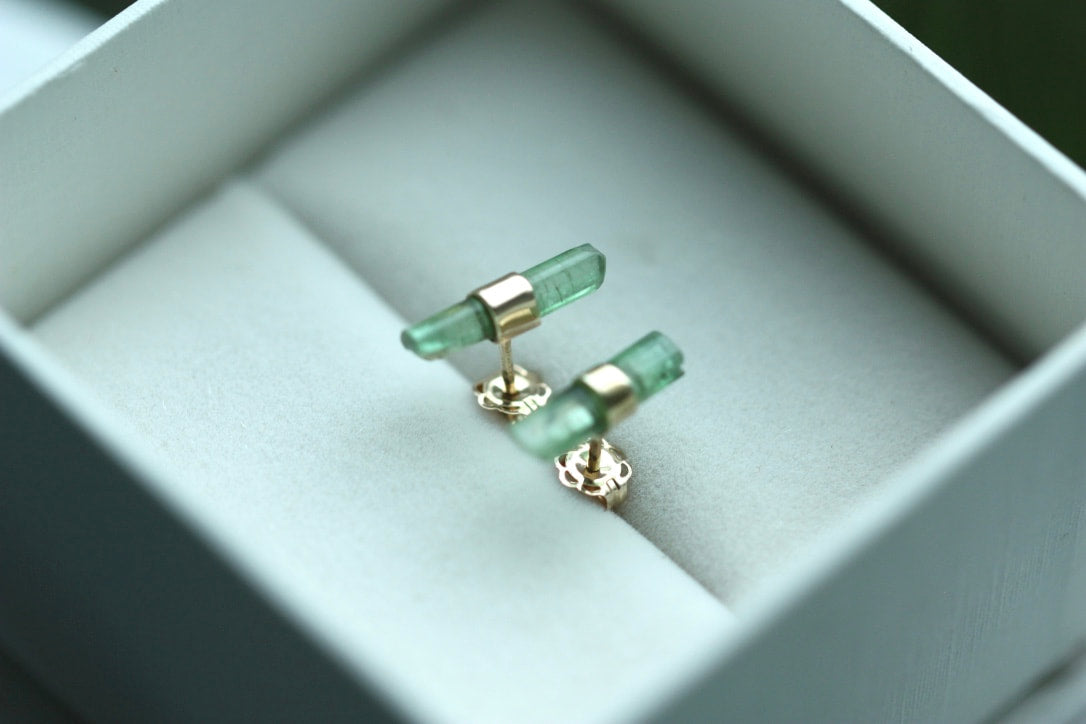 Raw Green Tourmaline Stud Earrings, October Birthstone Earrings