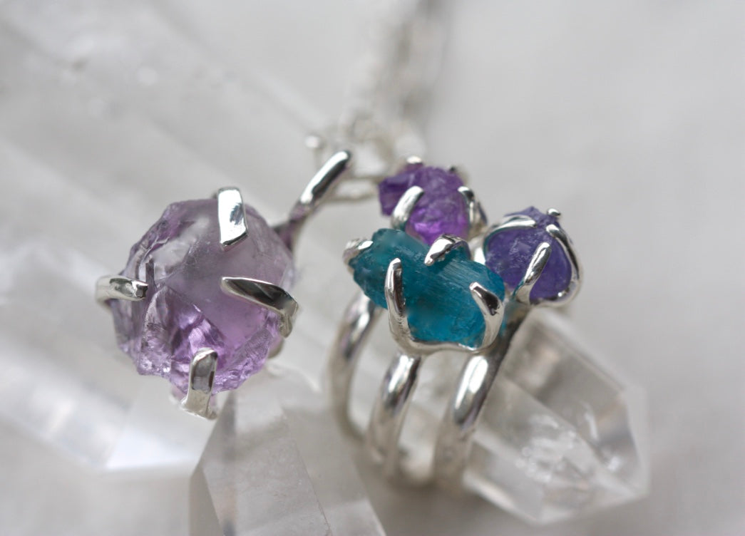 Raw, Uncut Blue Apatite Gemstone Ring, 92.5 Sterling Silver