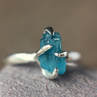 Raw, Uncut Blue Apatite Gemstone Ring, 92.5 Sterling Silver