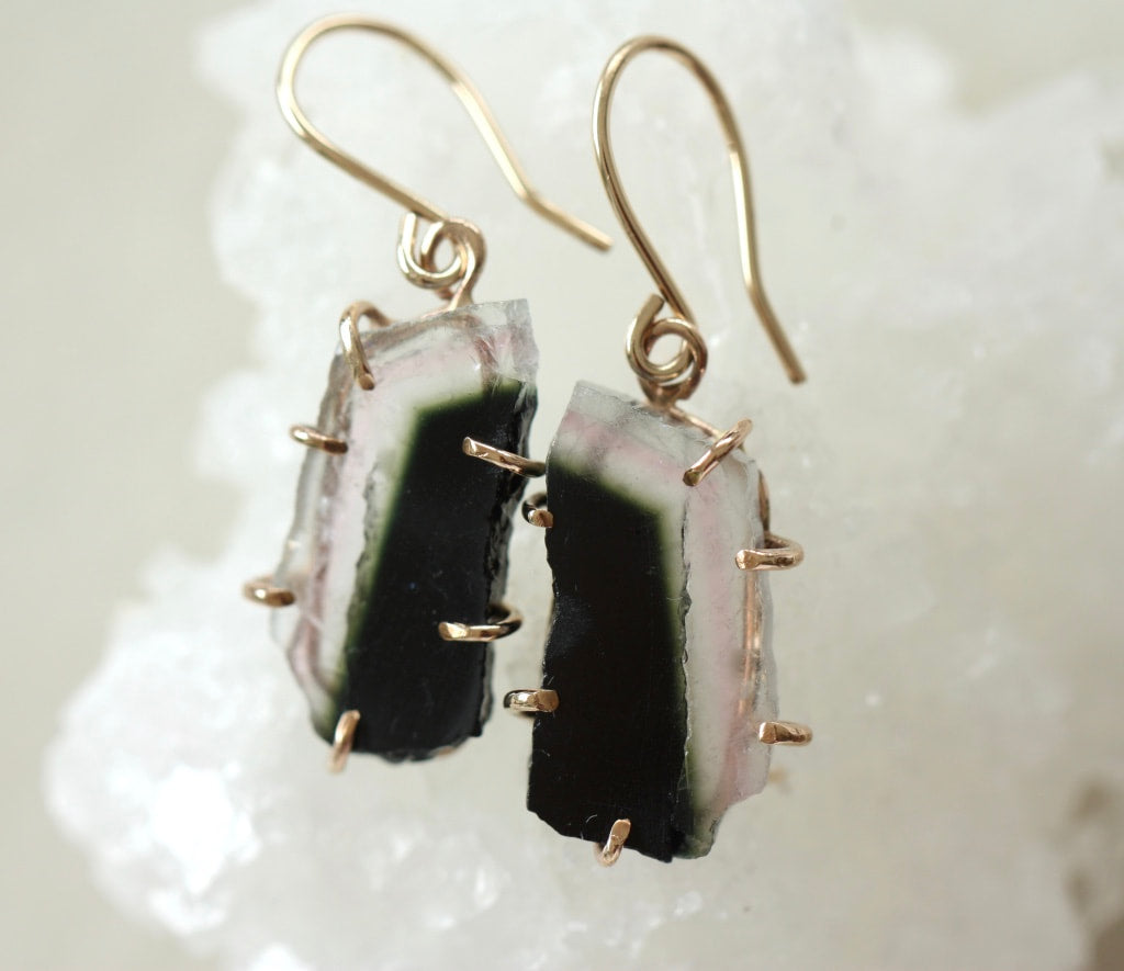 Raw Bi Color Watermelon Tourmaline Earrings, October Birthstone Earrings