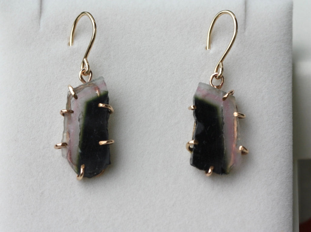 Raw Bi Color Watermelon Tourmaline Earrings, October Birthstone Earrings