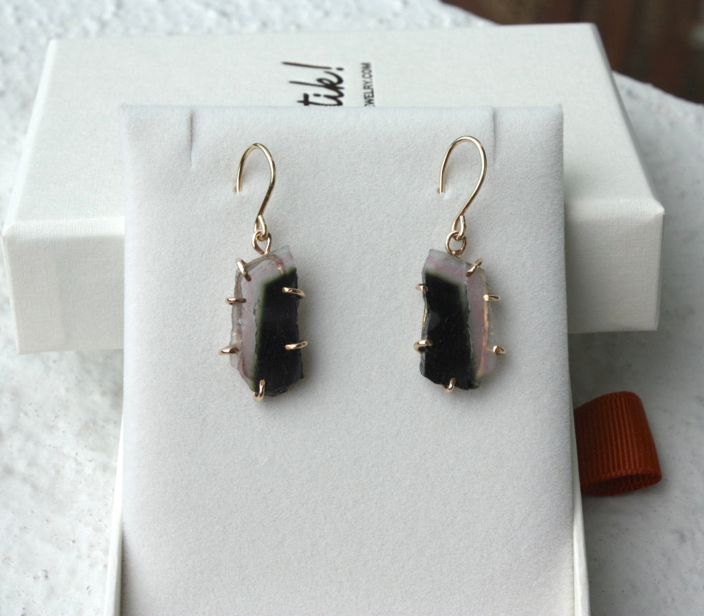 Raw Bi Color Watermelon Tourmaline Earrings, October Birthstone Earrings