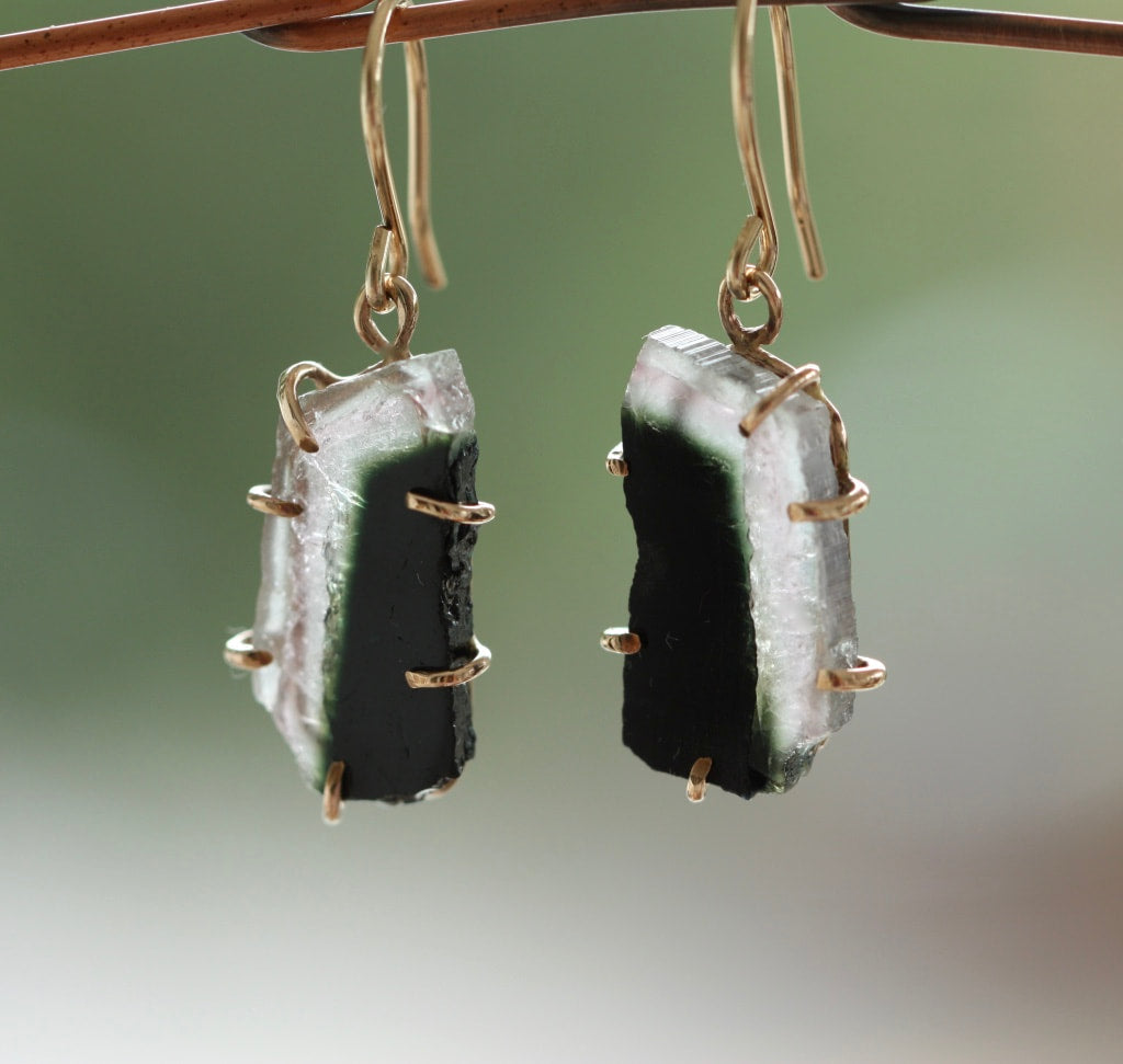 Raw Bi Color Watermelon Tourmaline Earrings, October Birthstone Earrings