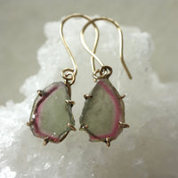 Raw Bi Color Watermelon Tourmaline Slice Earrings, October Birthstone Earrings