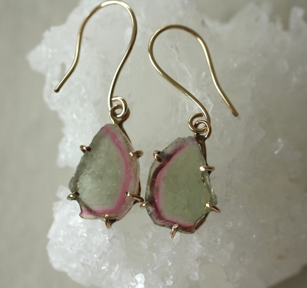 Raw Bi Color Watermelon Tourmaline Slice Earrings, October Birthstone Earrings