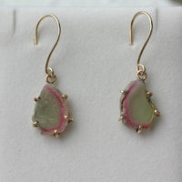 Raw Bi Color Watermelon Tourmaline Slice Earrings, October Birthstone Earrings