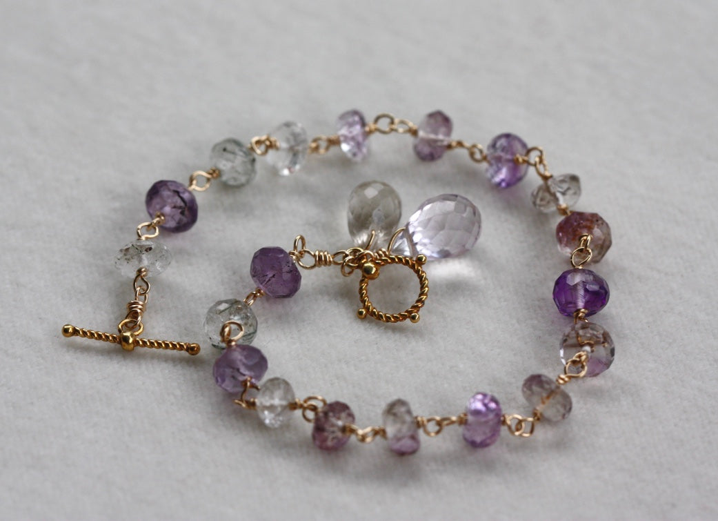 Ametrine, Rutilated Quartz and Pink Amethyst Wire Wrapped Rosary Bracelet, 14k Gold Filled