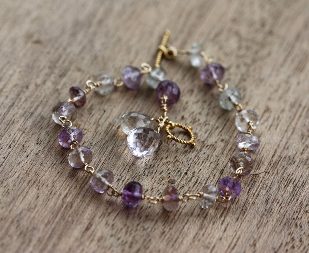 Ametrine, Rutilated Quartz and Pink Amethyst Wire Wrapped Rosary Bracelet, 14k Gold Filled