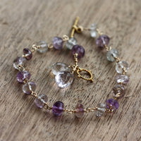 Ametrine, Rutilated Quartz and Pink Amethyst Wire Wrapped Rosary Bracelet, 14k Gold Filled