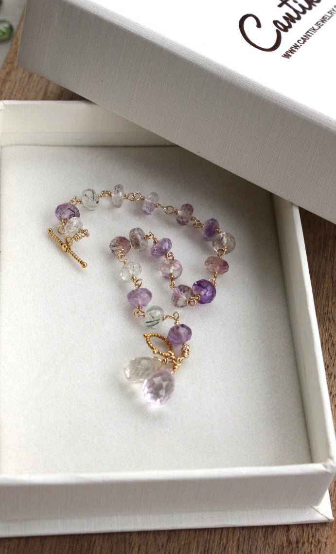 Ametrine, Rutilated Quartz and Pink Amethyst Wire Wrapped Rosary Bracelet, 14k Gold Filled