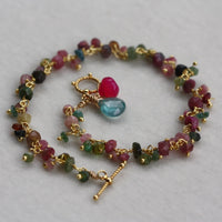 Multicolored Tourmaline, Apatite and Chalcedony Wire Wrapped Rosary Bracelet, 22k Gold Vermeil