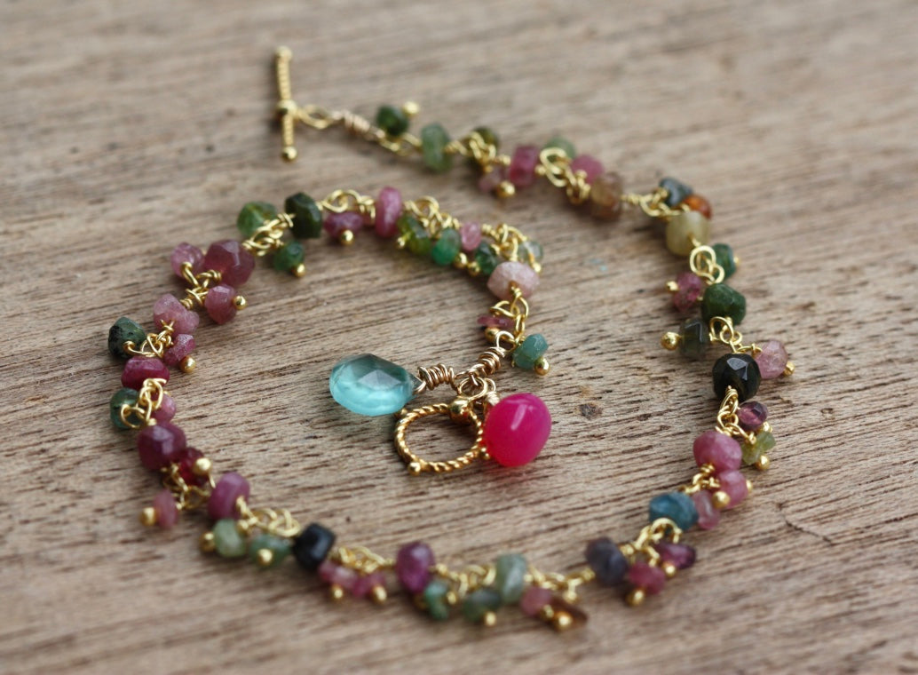 Multicolored Tourmaline, Apatite and Chalcedony Wire Wrapped Rosary Bracelet, 22k Gold Vermeil