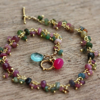 Multicolored Tourmaline, Apatite and Chalcedony Wire Wrapped Rosary Bracelet, 22k Gold Vermeil