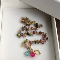 Multicolored Tourmaline, Apatite and Chalcedony Wire Wrapped Rosary Bracelet, 22k Gold Vermeil
