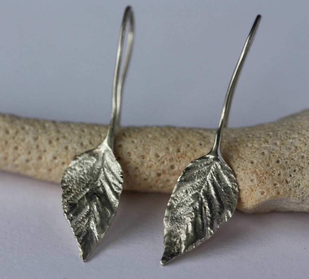 Natural Wild Raspberry Leaf Earrings, 92.5 Sterling Silver