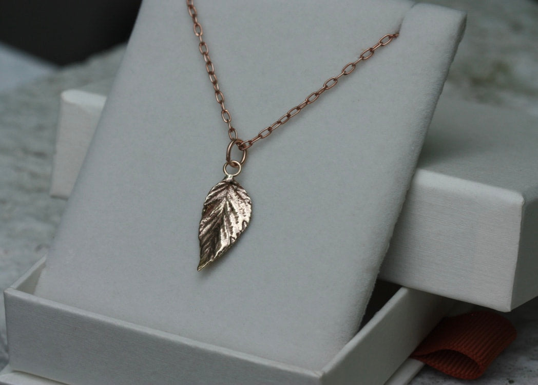 Natural Wild Raspberry Leaf Rose Gold Pendant Necklace