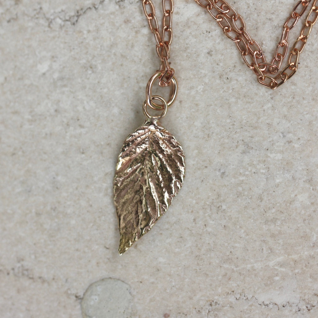Natural Wild Raspberry Leaf Rose Gold Pendant Necklace