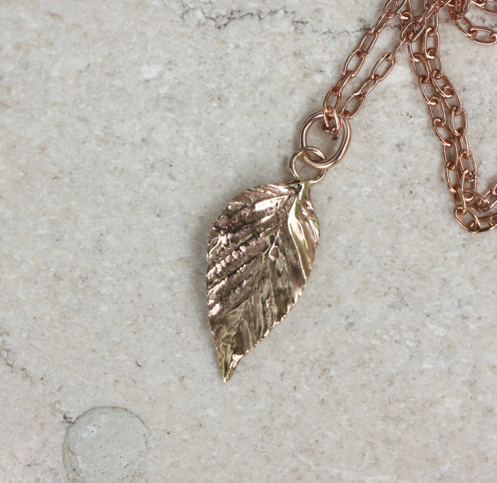 Natural Wild Raspberry Leaf Rose Gold Pendant Necklace