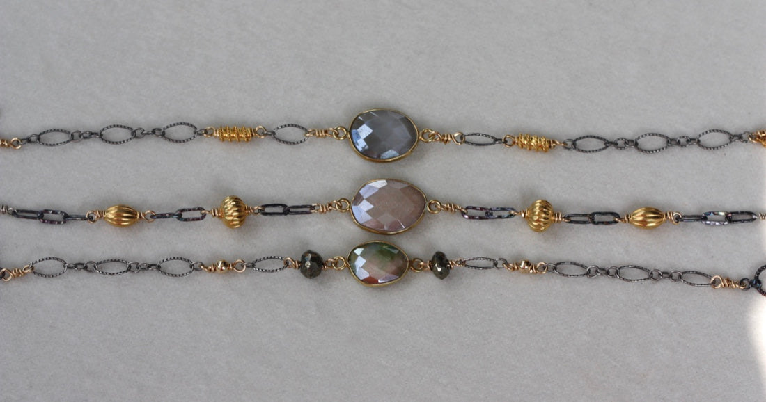 Pink/Beige Mystic Moonstone and Mixed Metals Chain Bracelet