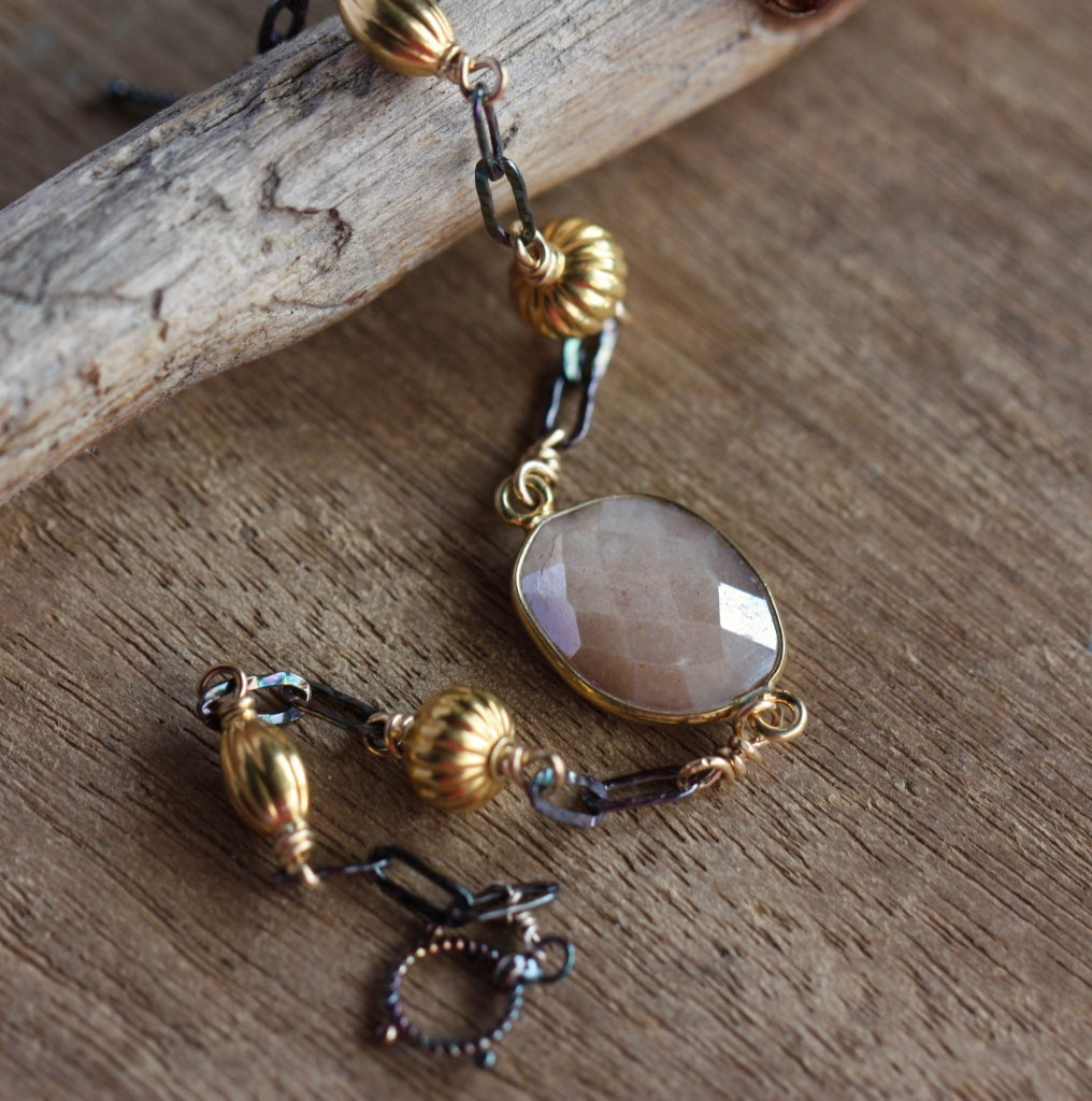 Pink/Beige Mystic Moonstone and Mixed Metals Chain Bracelet