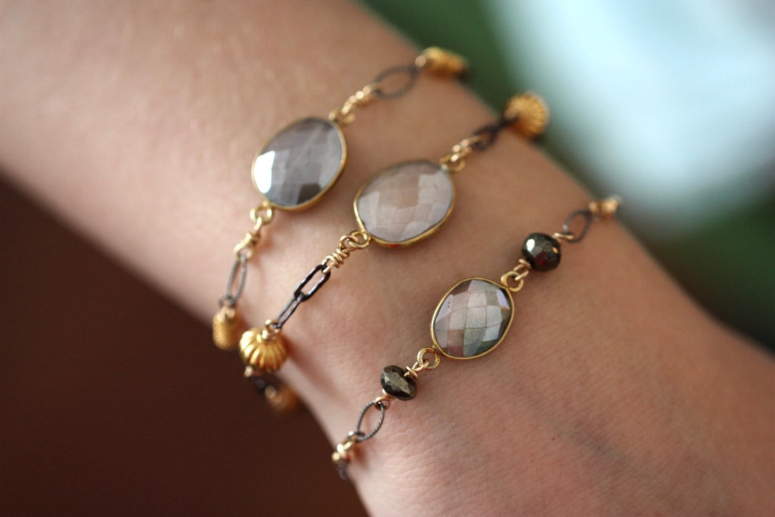 Pink/Beige Mystic Moonstone and Mixed Metals Chain Bracelet
