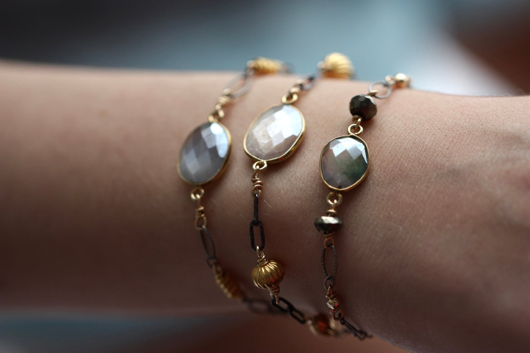 Pink/Beige Mystic Moonstone and Mixed Metals Chain Bracelet