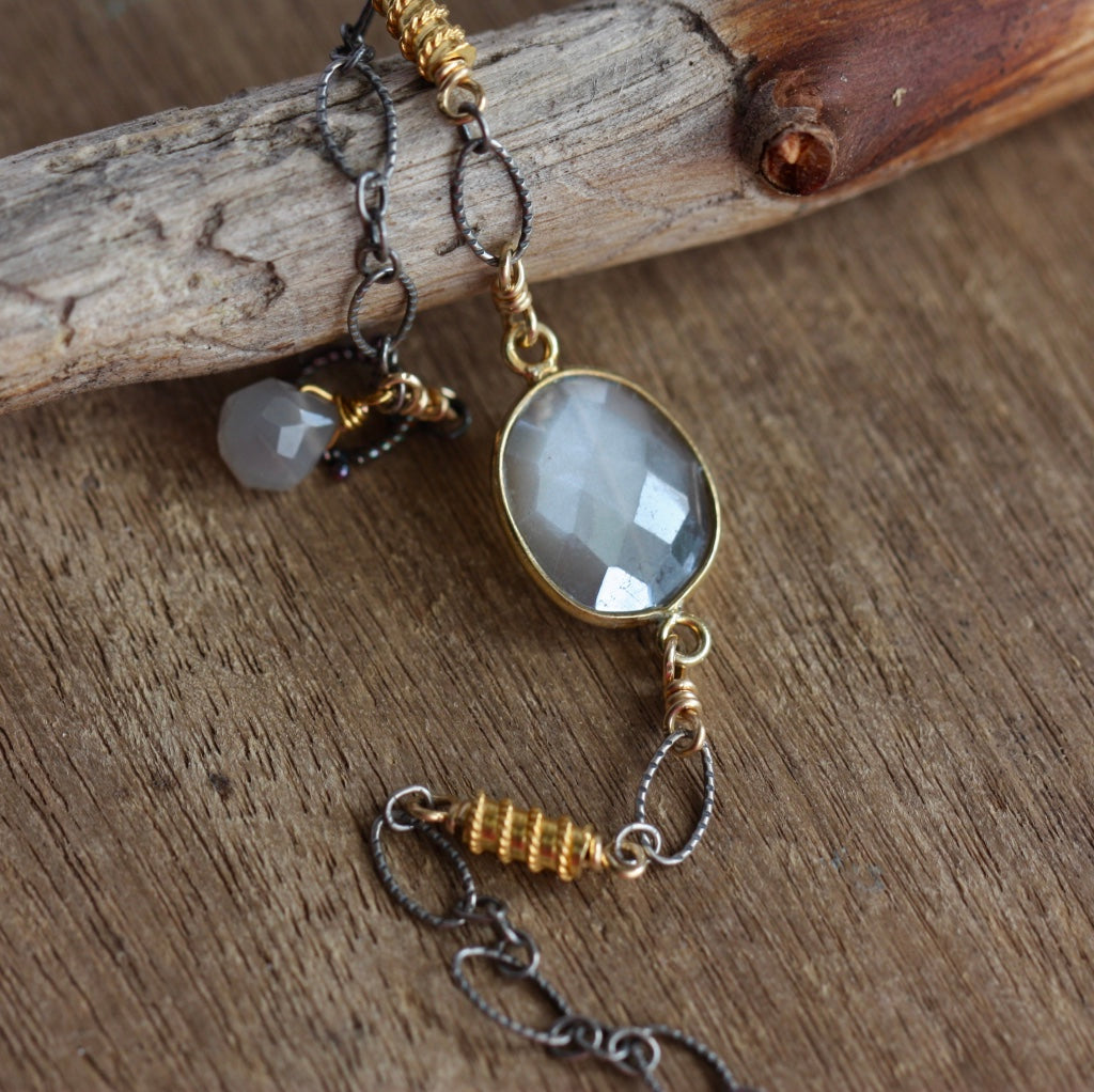 Grey Mystic Moonstone and Mixed Metals Chain Bracelet