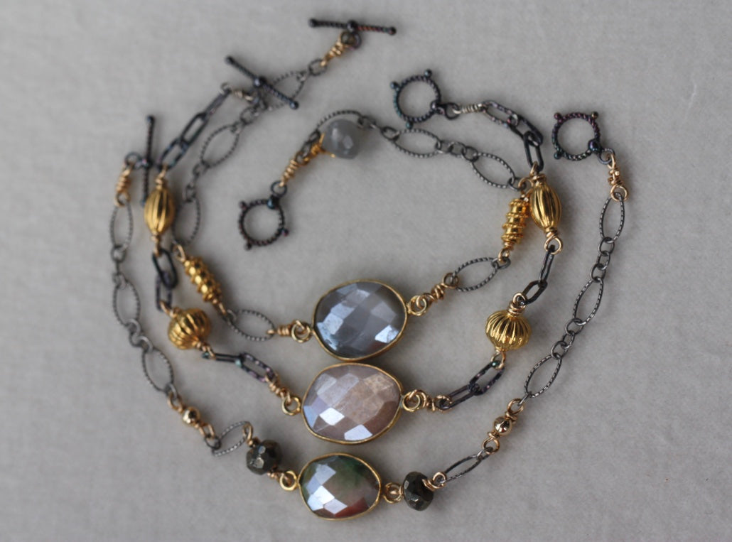 Pink/Green Mystic Moonstone, Pyrite and Mixed Metals Chain Bracelet