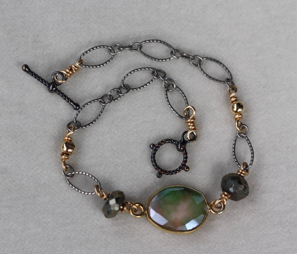 Pink/Green Mystic Moonstone, Pyrite and Mixed Metals Chain Bracelet