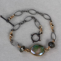 Pink/Green Mystic Moonstone, Pyrite and Mixed Metals Chain Bracelet