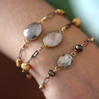 Pink/Green Mystic Moonstone, Pyrite and Mixed Metals Chain Bracelet