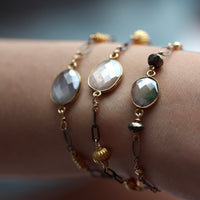 Pink/Green Mystic Moonstone, Pyrite and Mixed Metals Chain Bracelet