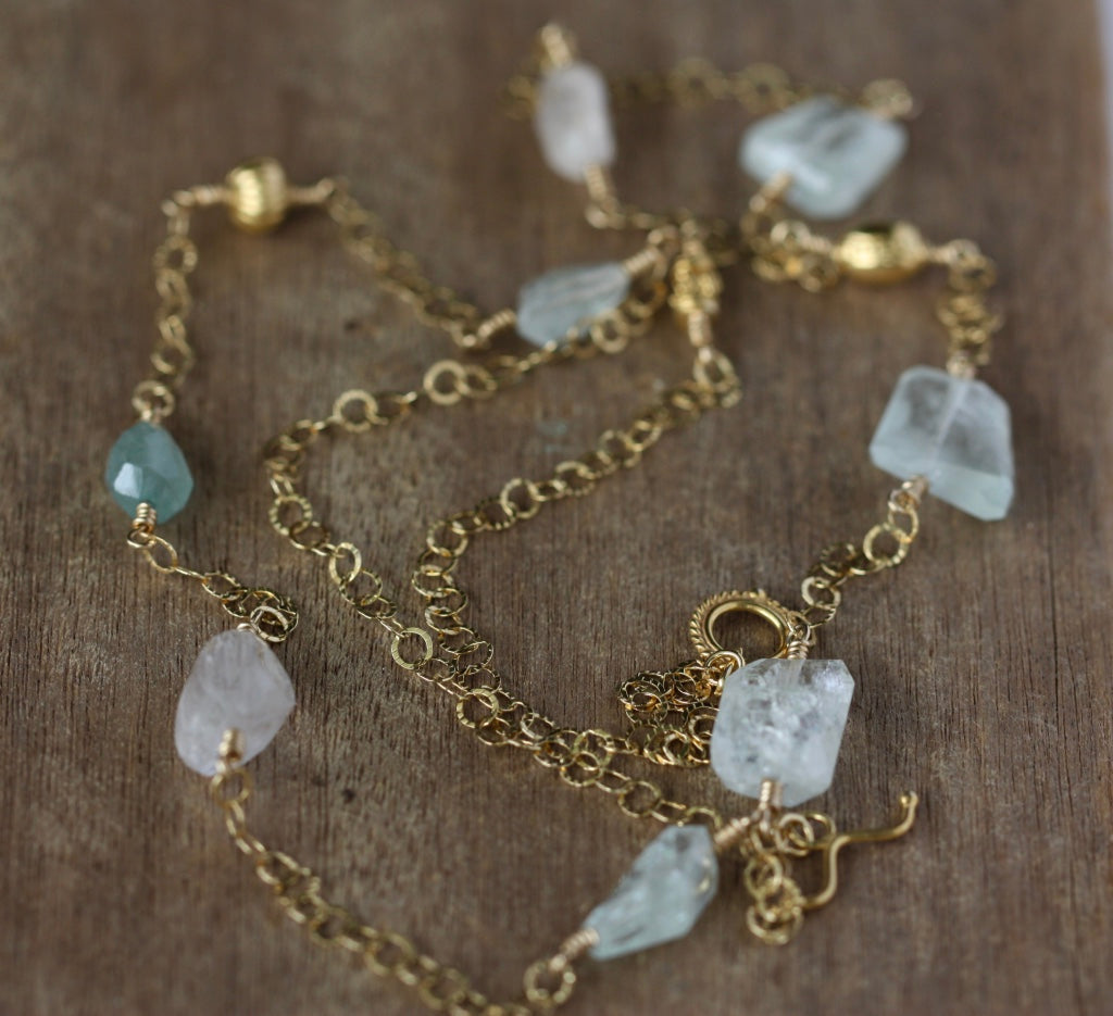 Aquamarine Long Chain Necklace, 14k Gold Filled/22k Gold Vermeil