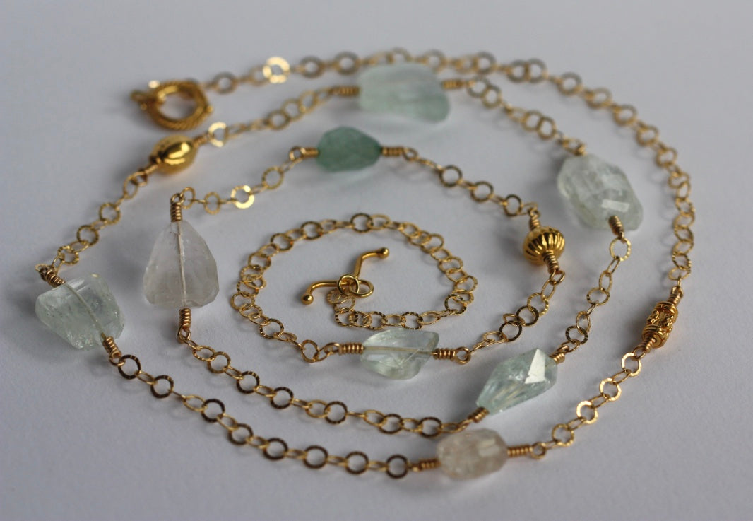 Aquamarine Long Chain Necklace, 14k Gold Filled/22k Gold Vermeil