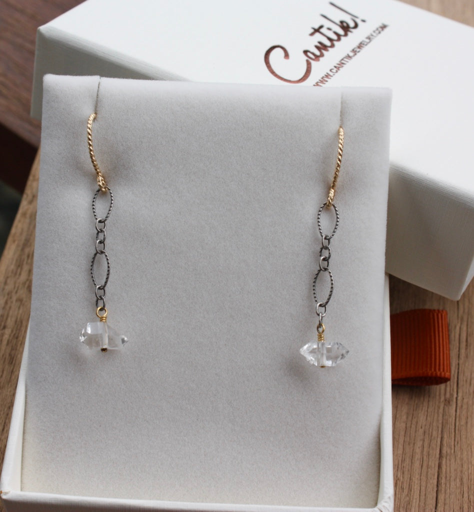 Herkimer Diamond And Mixed Metals Long Chain Earrings