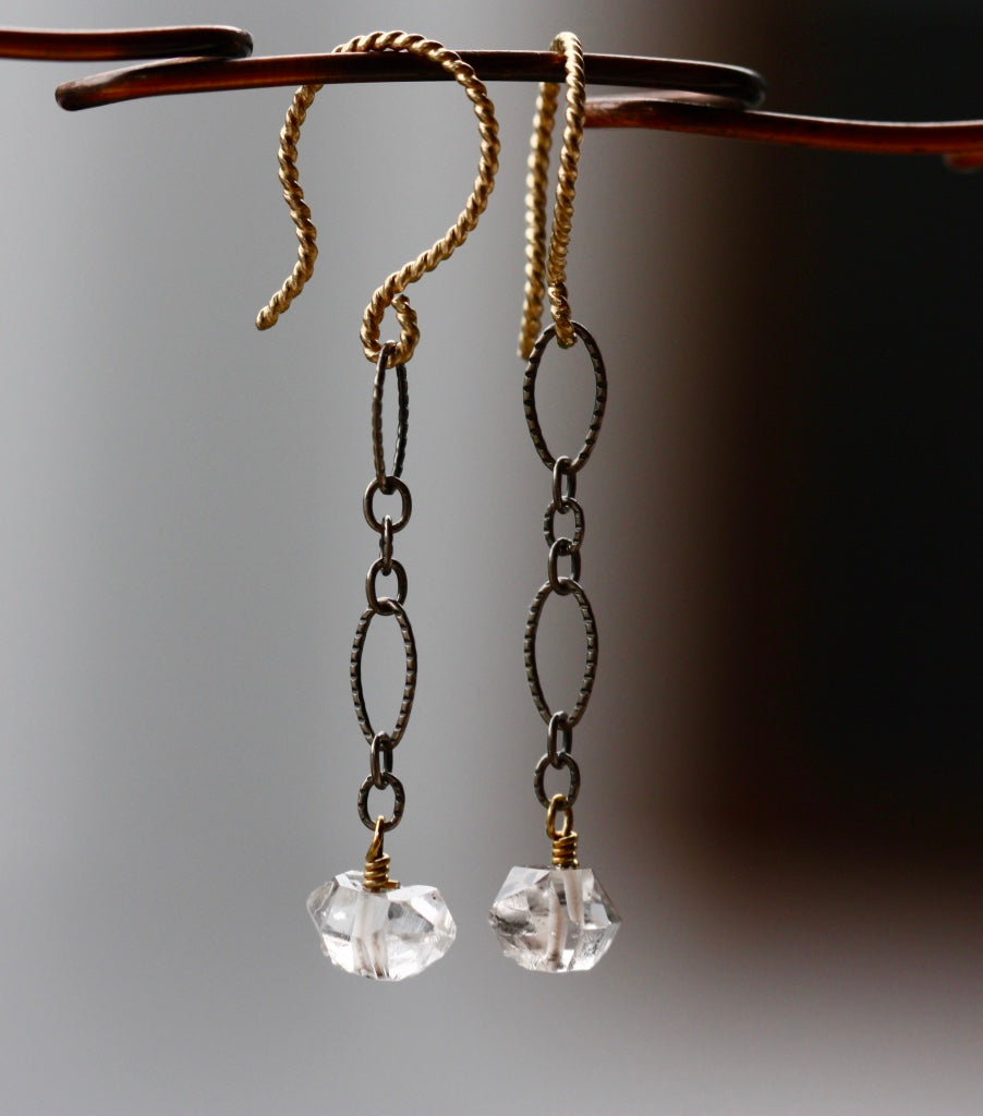 Herkimer Diamond And Mixed Metals Long Chain Earrings