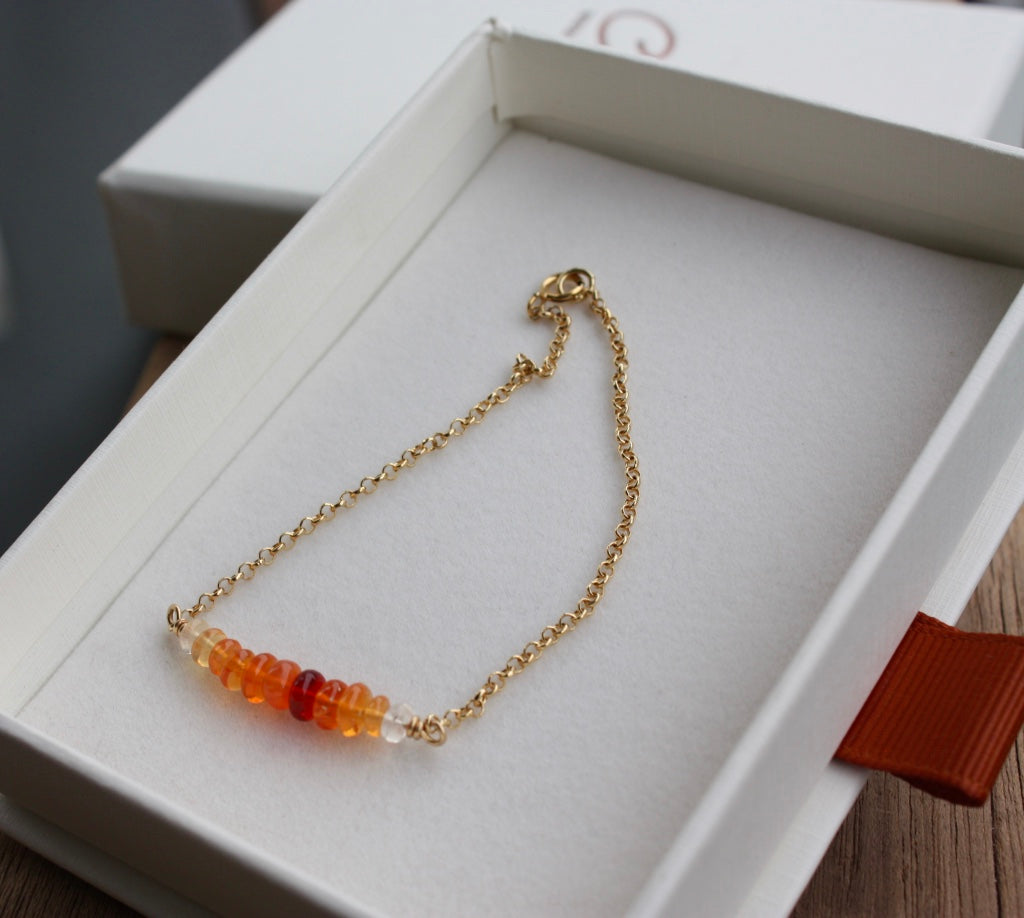 Mexican Fire Opal Bar Bracelet, 14k Gold Filled Chain