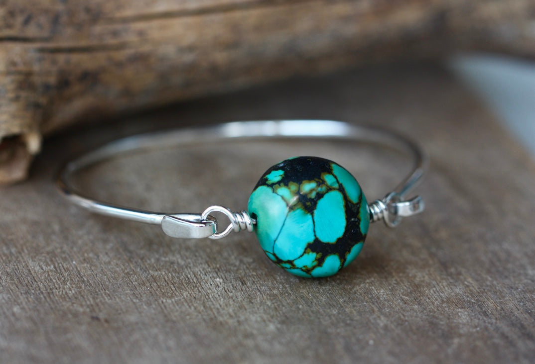 Tibetan Turquoise and Sterling Silver Bangle Bracelet