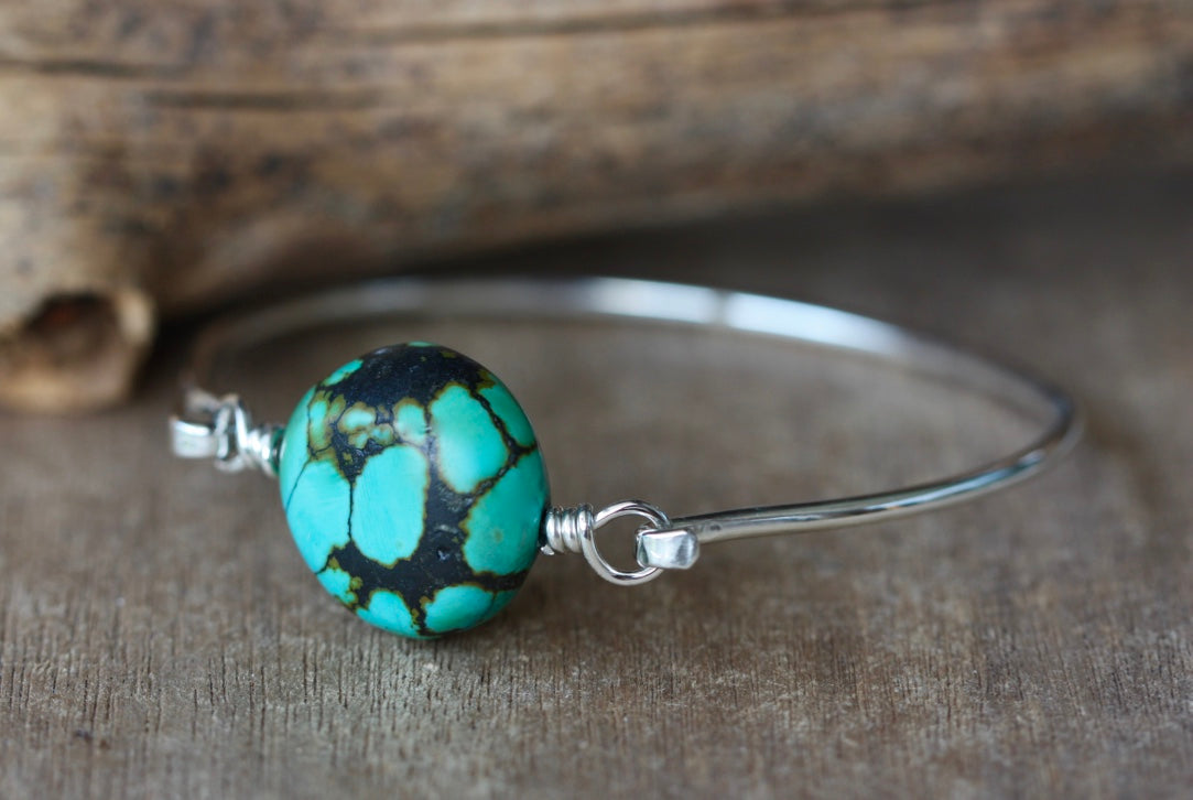 Tibetan Turquoise and Sterling Silver Bangle Bracelet