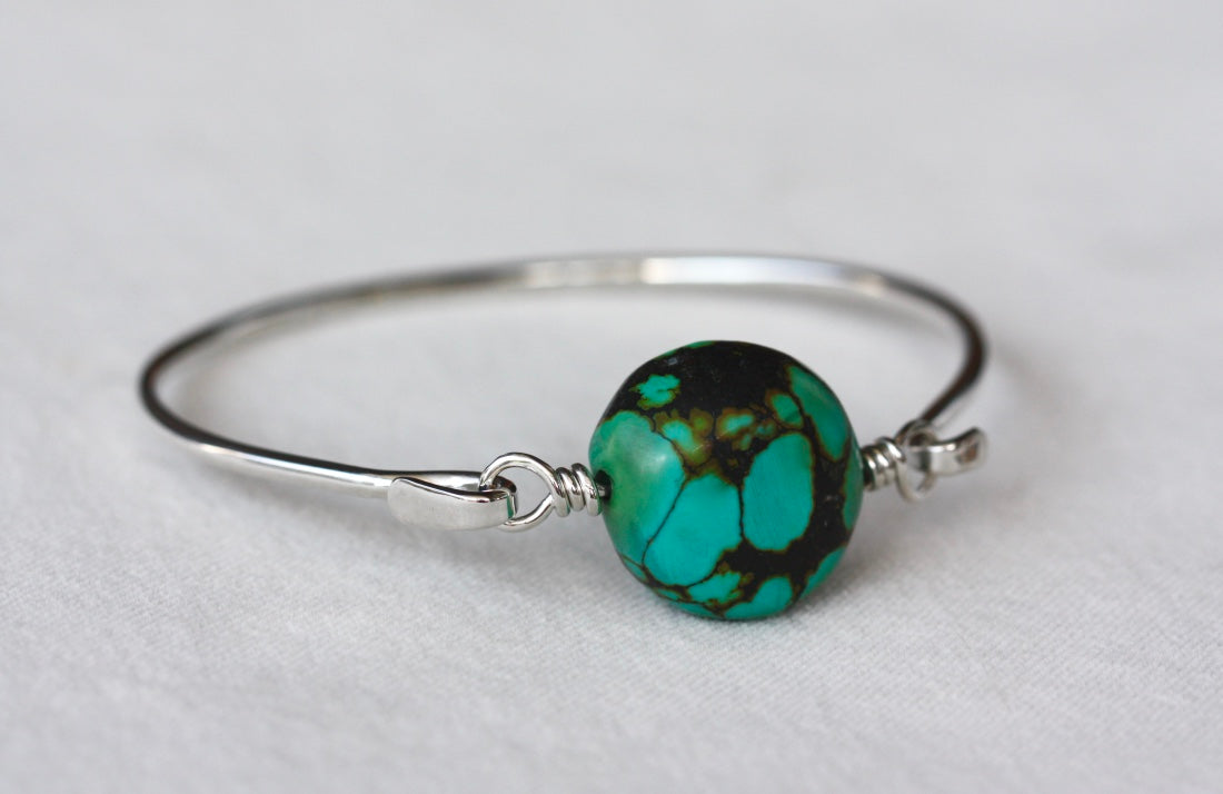 Tibetan Turquoise and Sterling Silver Bangle Bracelet