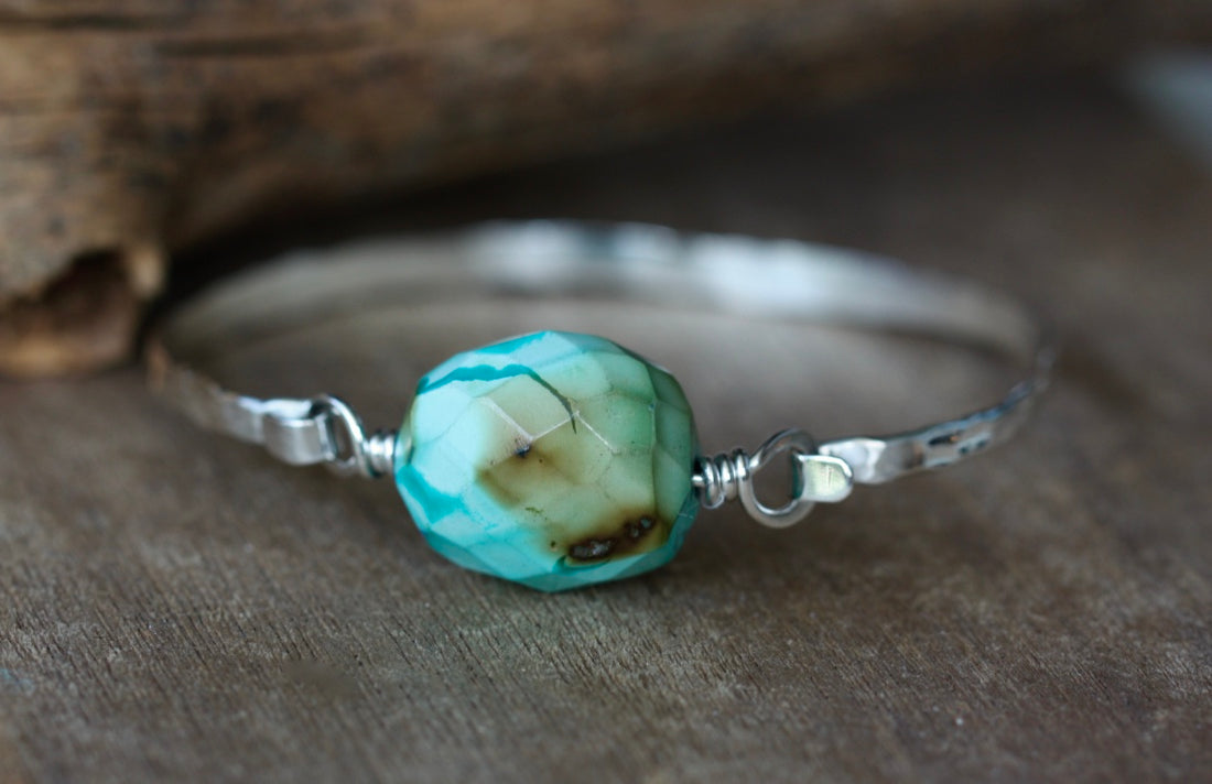 Tibetan Turquoise and Hammered Sterling Silver Bangle Bracelet