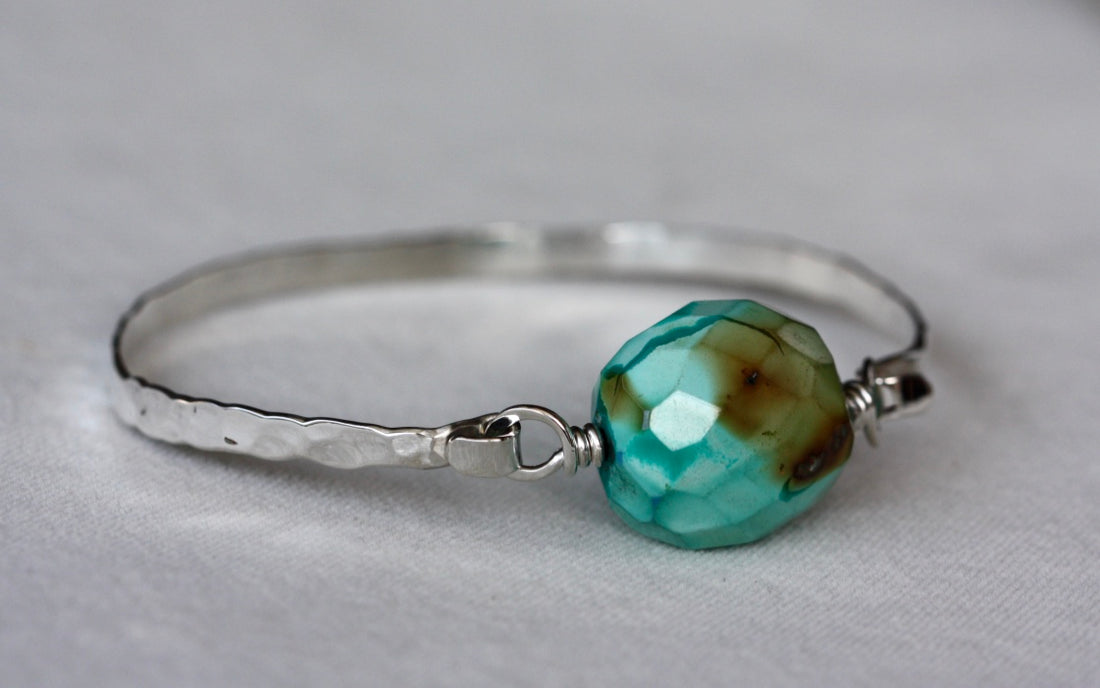 Tibetan Turquoise and Hammered Sterling Silver Bangle Bracelet