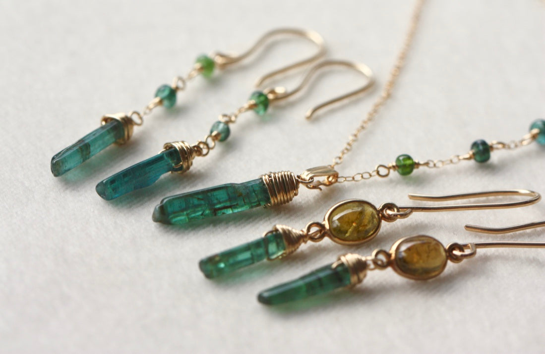 Long Indicolite Blue Green Tourmaline Earrings, 14k Gold Filled