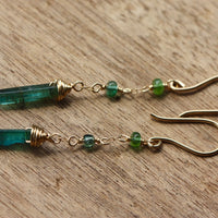 Long Indicolite Blue Green Tourmaline Earrings, 14k Gold Filled