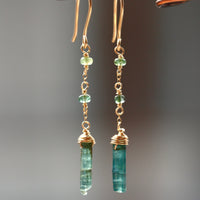 Long Indicolite Blue Green Tourmaline Earrings, 14k Gold Filled